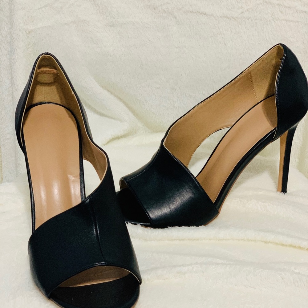 Black Leather Open Toe Heels